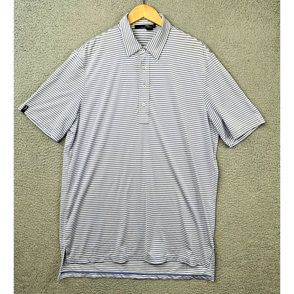 RLX Ralph Lauren Polo Golf Shirt Men Large Blue White Striped Performance Golfer